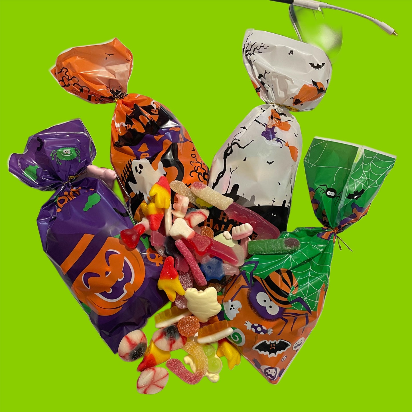 halloween themed sweet bags filled with spooky halloween themed sweets, 4 designs to choose from, pupkin, ghost, witch or spider, available now at that sweet place