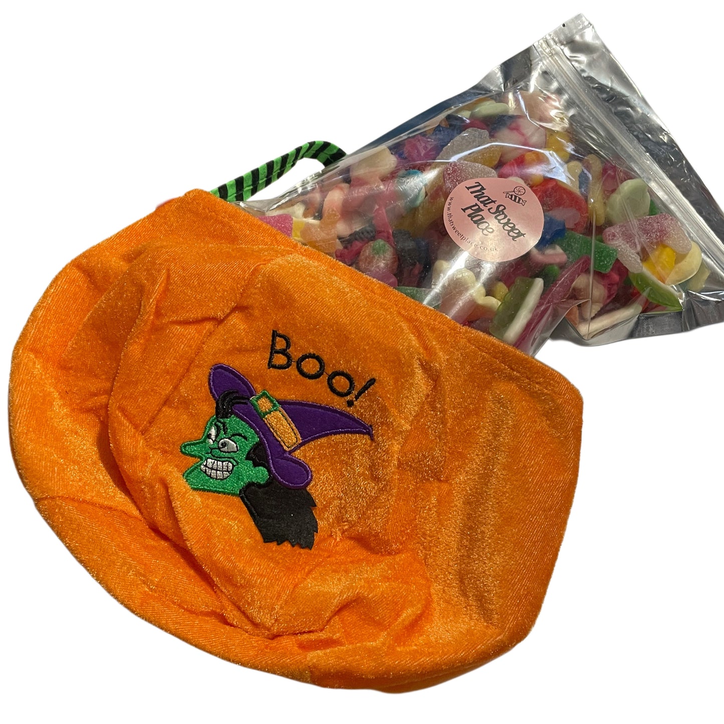 Orange bag with 'Boo!' and witch hat design, next to a clear bag of assorted candies.