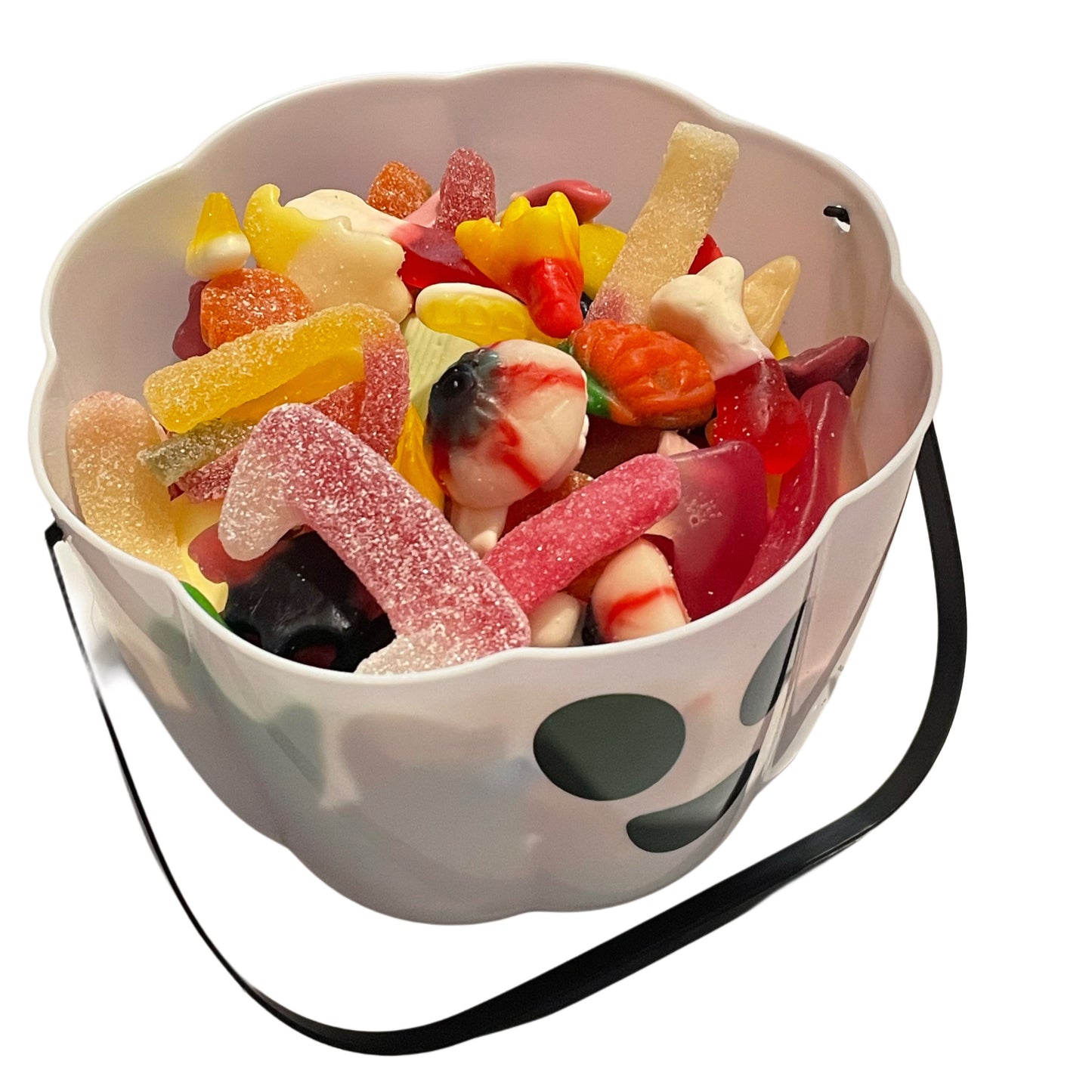 ghost candy bucket filled with colorful gummy candies on a white background