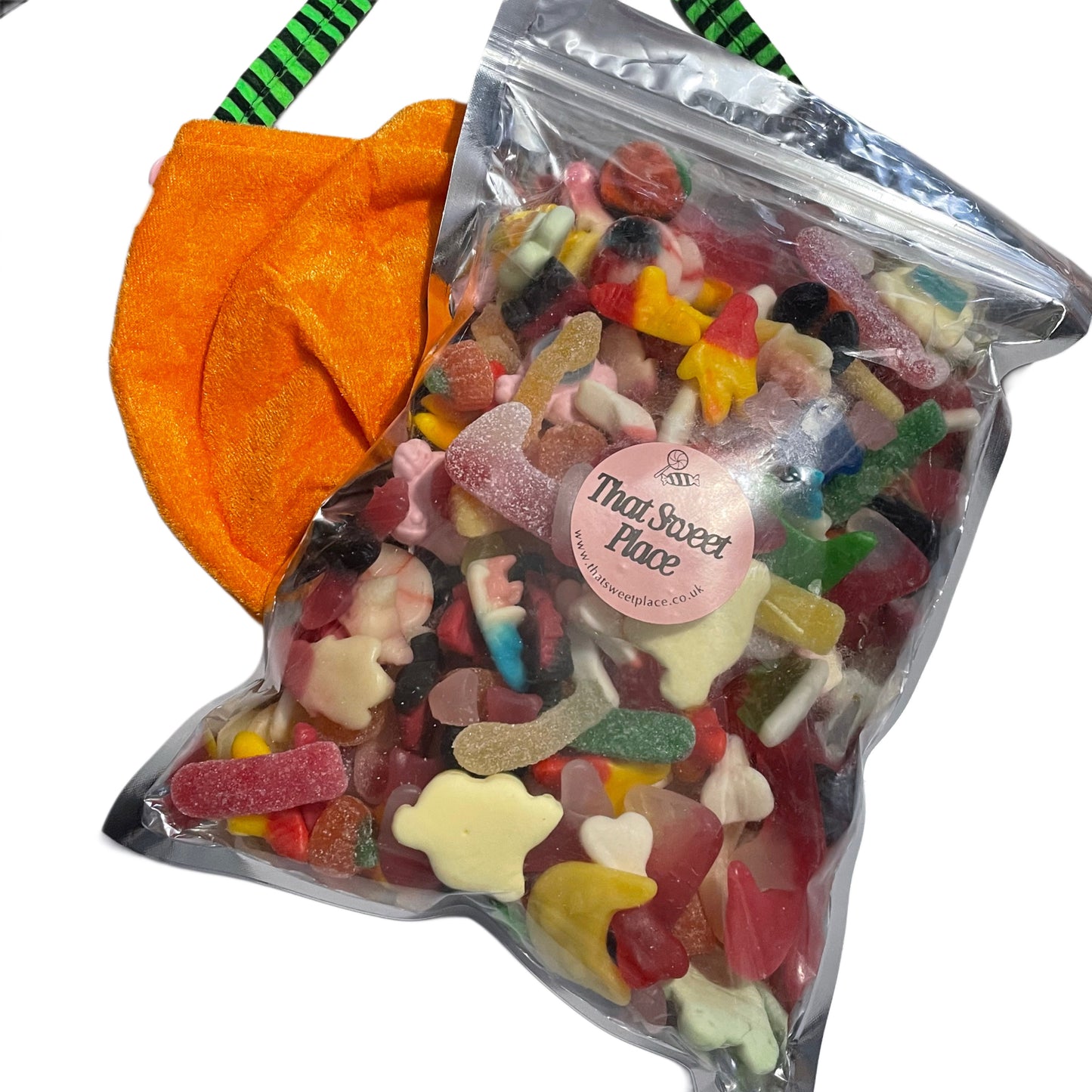 Bag of colorful gummy candies with a visible brand label saying that sweet place
on a white background