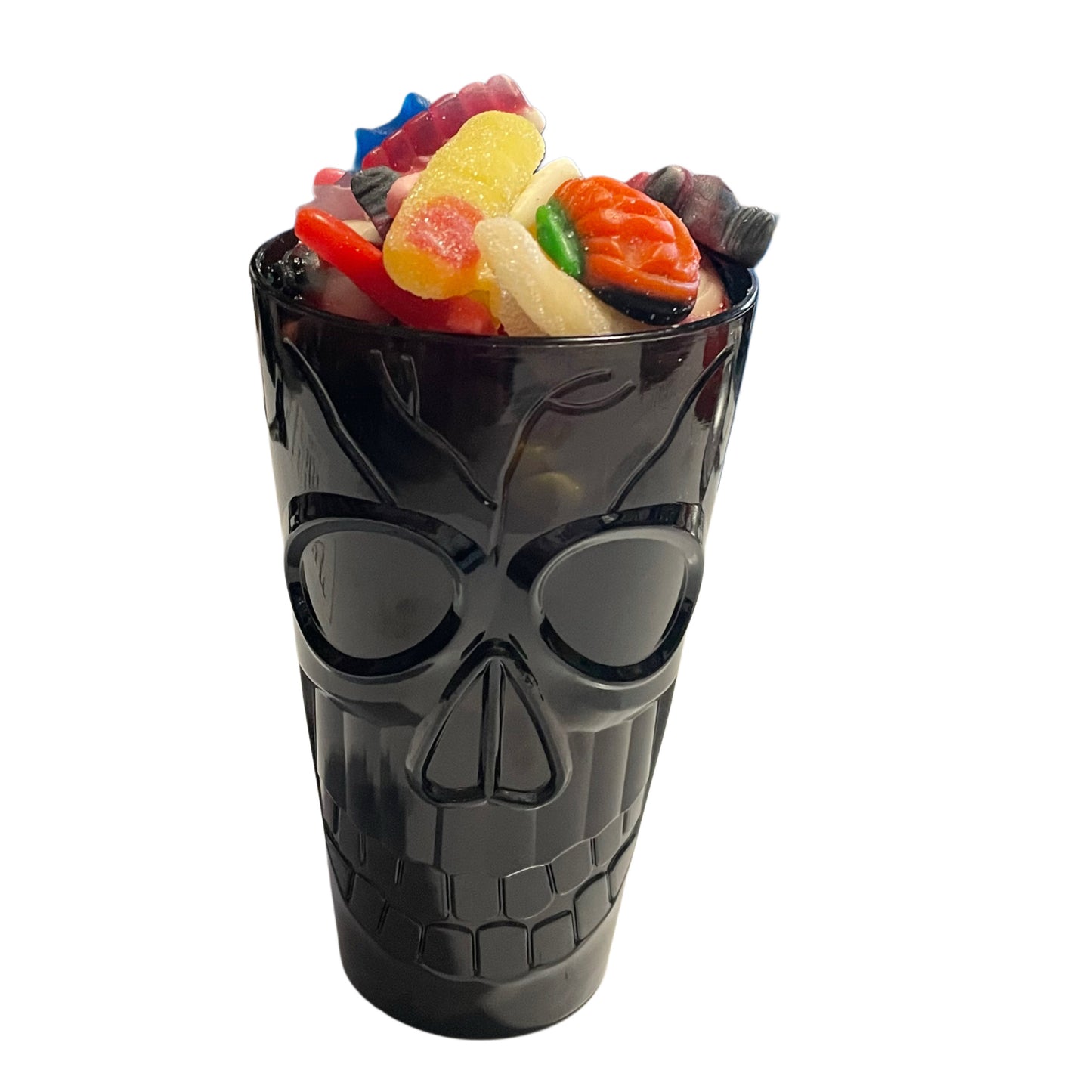 black skull tumbler filled to brim with 500g of halloween sweet treats