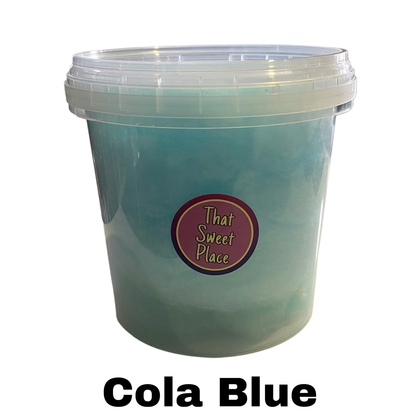 blue cola candy floss in one litre bucket