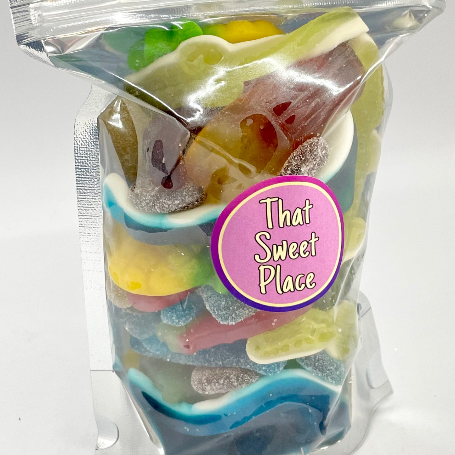 giant sweet mix, from bottles, fruit to dolphins, bigger but just as tasty