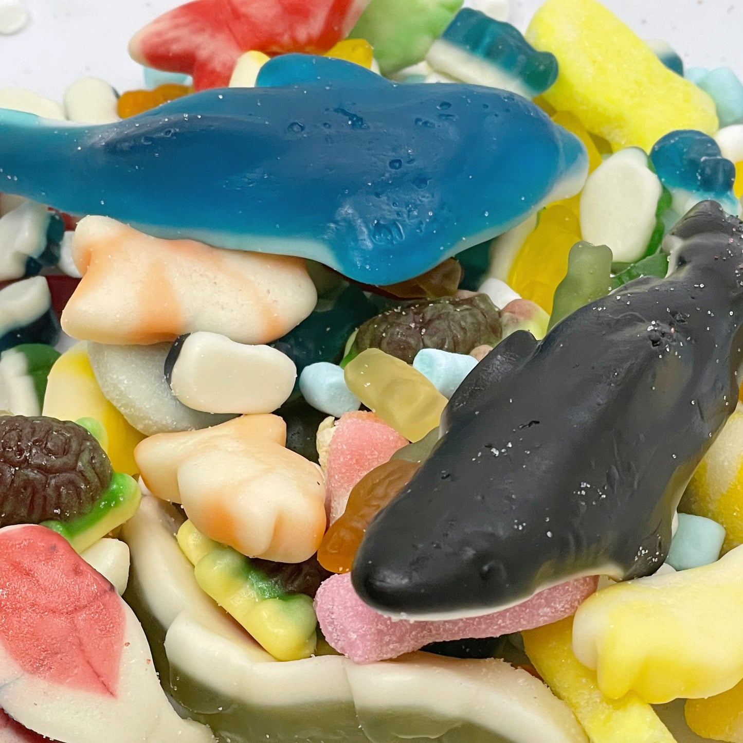 if you love water creature then this is the sweet mix for you, our sealife mix has dolphins, whales, fish and many other water animals in various sweet textures incliding jelly, fizzy and jelly filled. Available now in our shop that sweet place