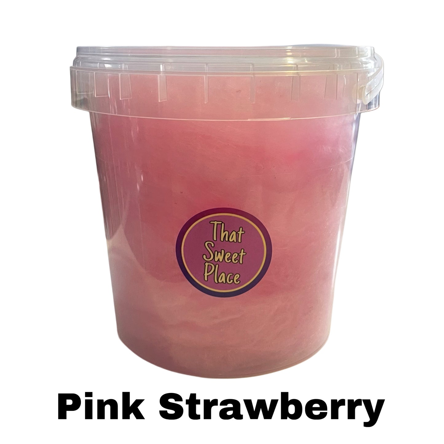 fluffy strawberry candy floss in a one litre bucket
