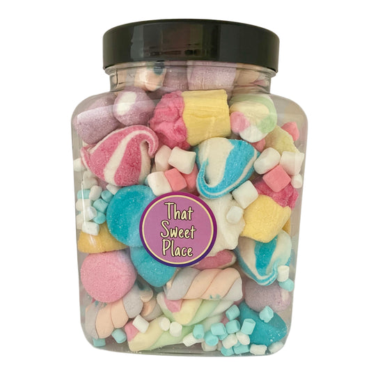 mallow sweet jar filled to brim with  a wide range of soft and fluffy marshmallows