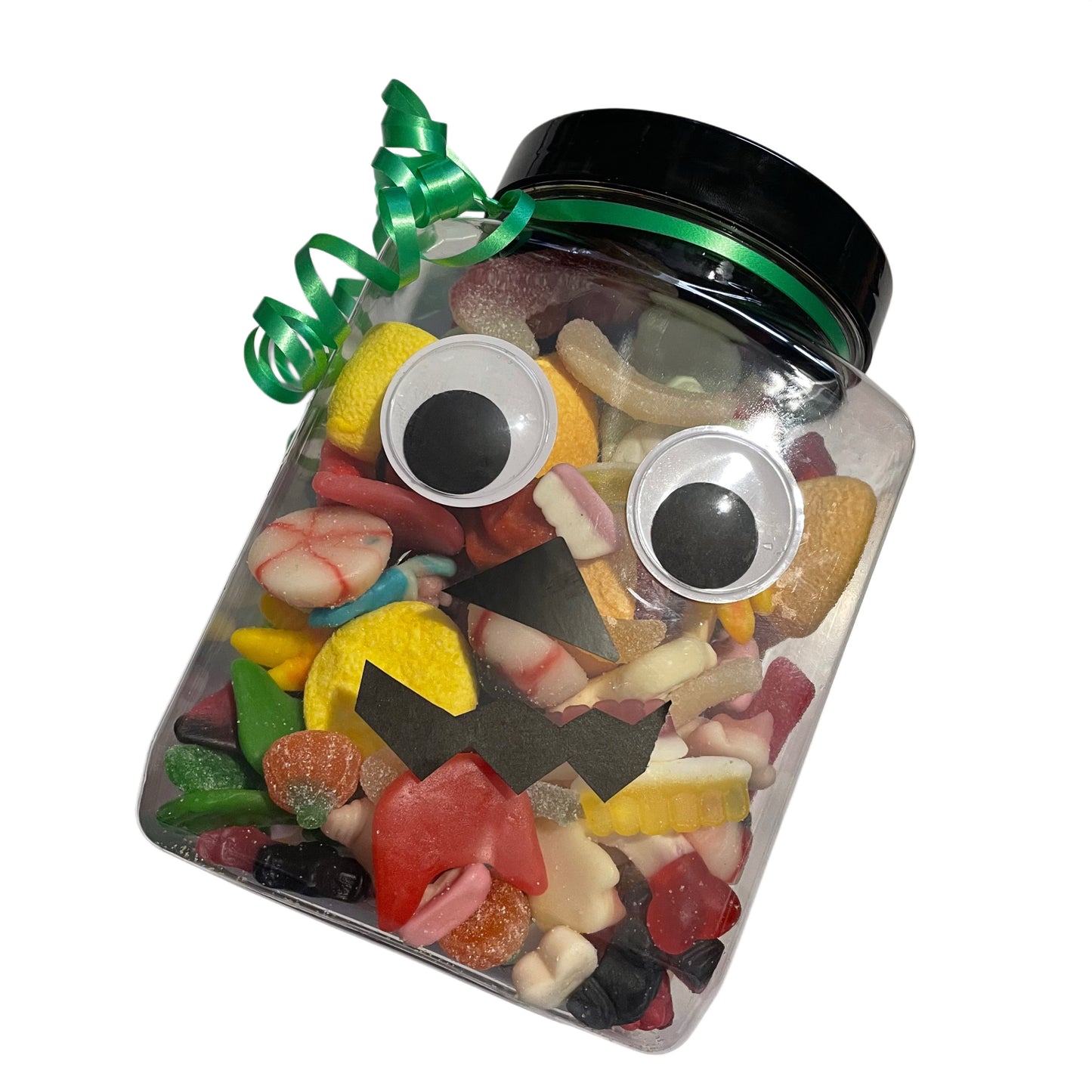 GOOGLE EYE HALLOWEEN JAR FILLED WITH HALLOWEEN THEMED SWEETS
