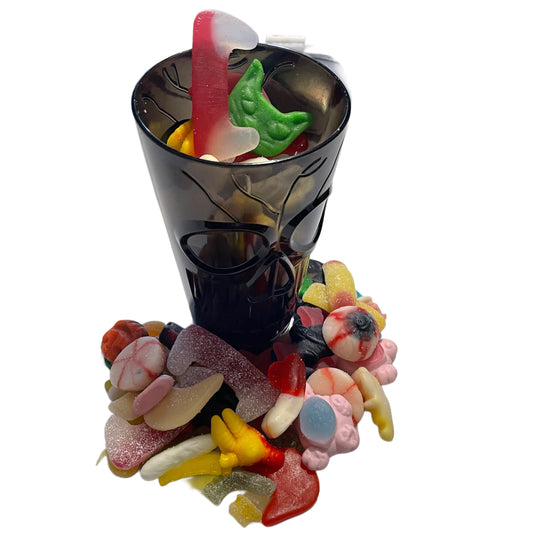 skull tumbler filled with 500g halloween sweets