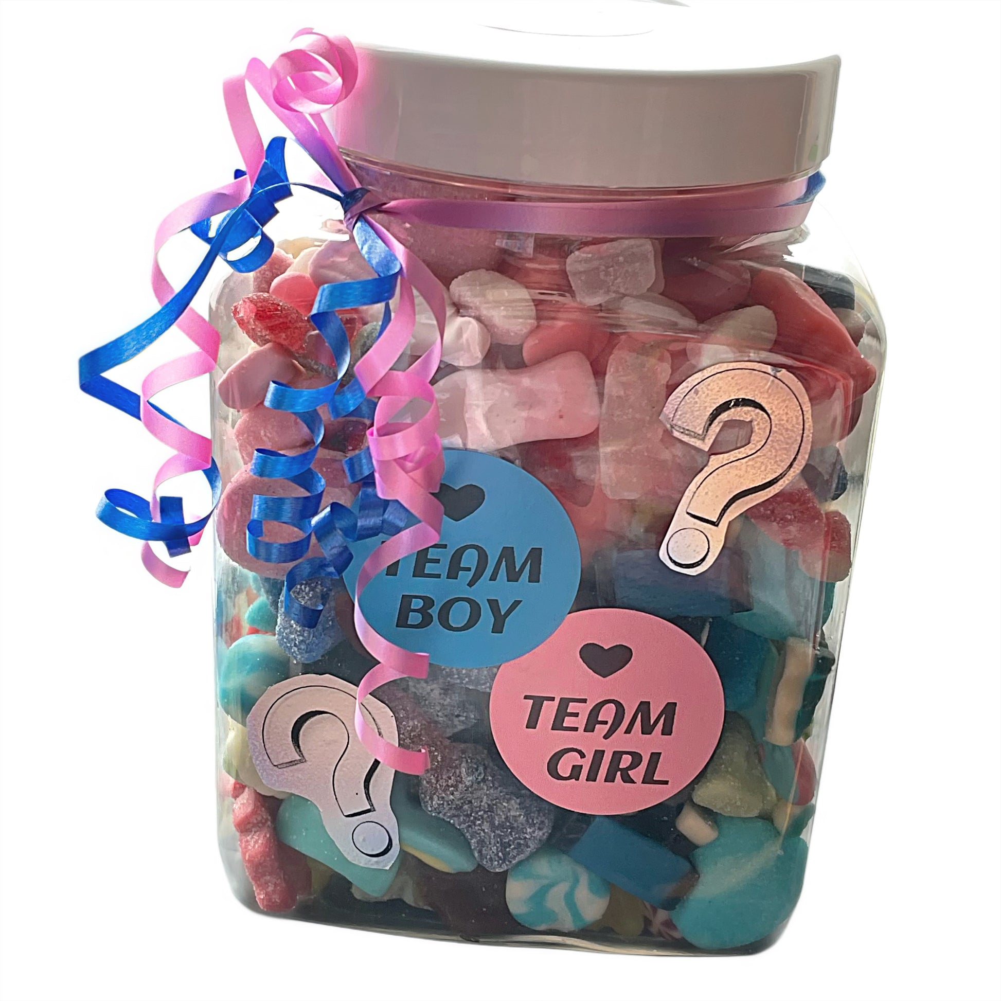 Jar of colorful candies sweets with 'Team Boy' and 'Team Girl' labels and ribbons.